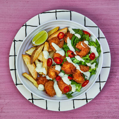 Bang Bang Jumbo King Prawns With Zingy Mayo And Chips