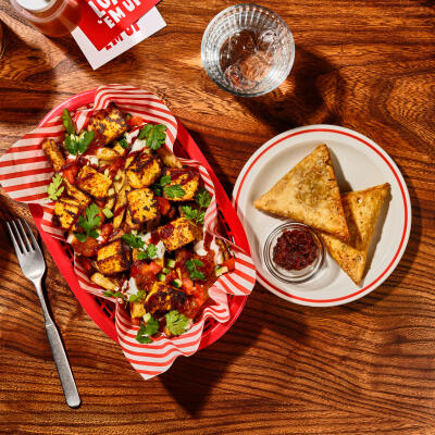 Paneer Tikka Loaded Masala Fries With Samosas